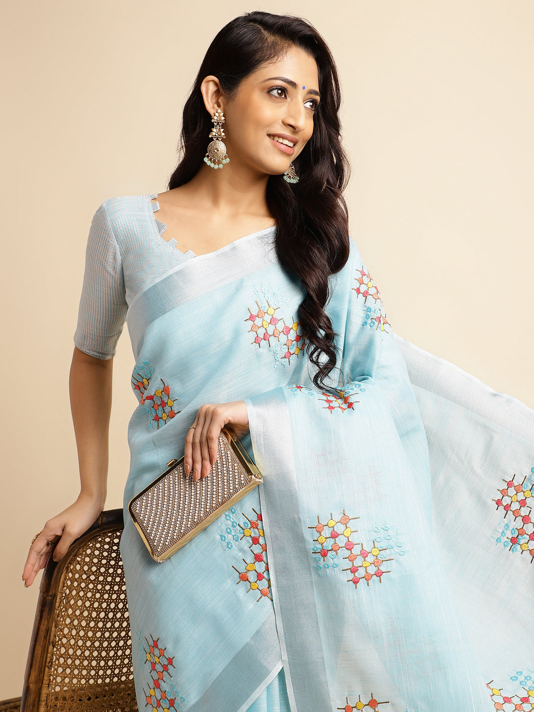 Sky Blue Linen Cotton Embroidery Saree