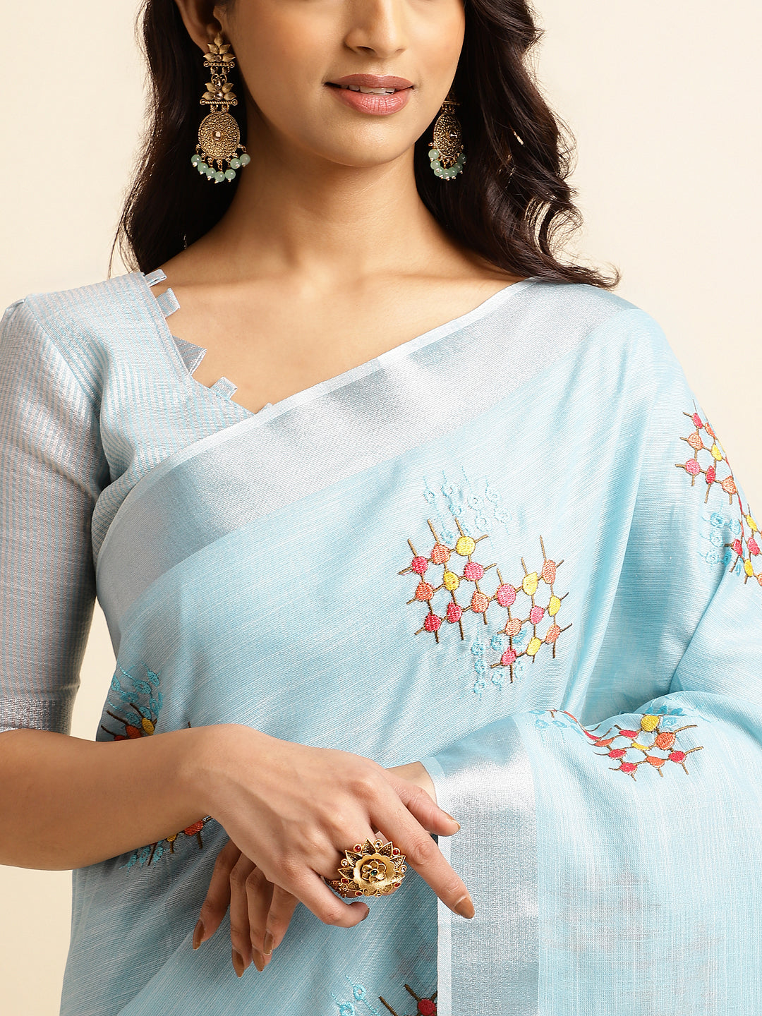 Sky Blue Linen Cotton Embroidery Saree