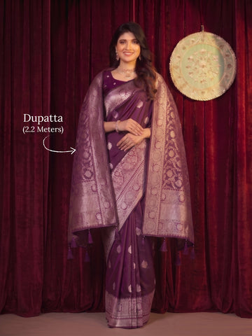 Wine Banarasi Silk Saree With Dupatta
