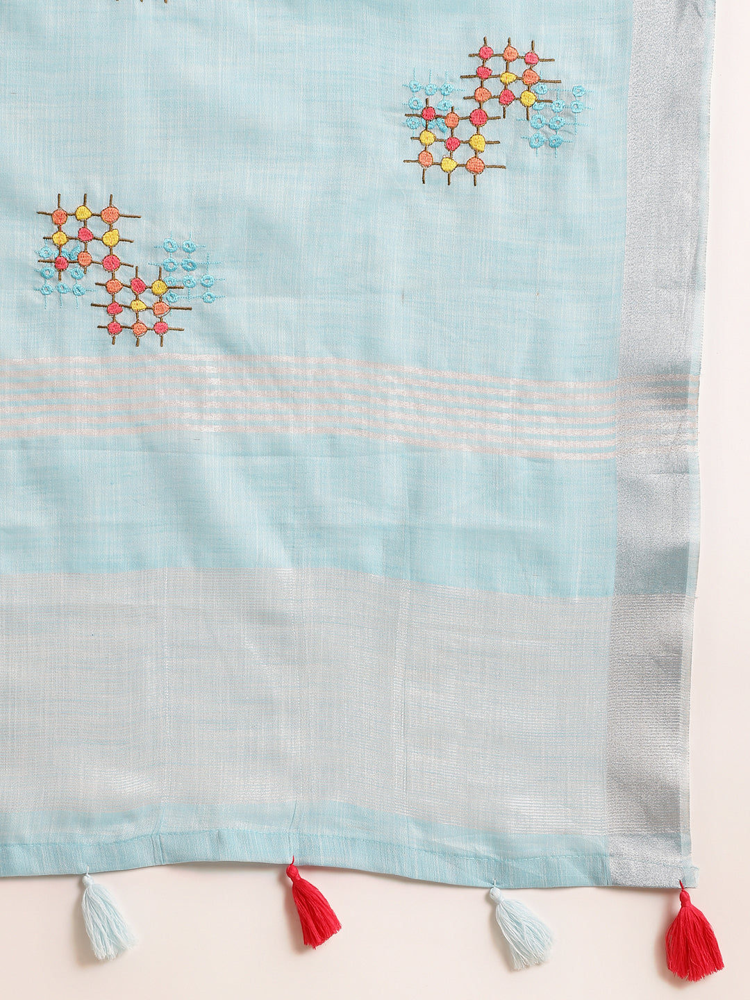 Sky Blue Linen Cotton Embroidery Saree