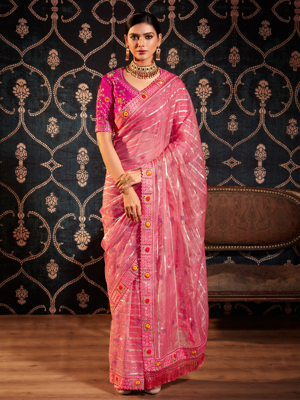 Coral Pink Organza Embroidery Saree