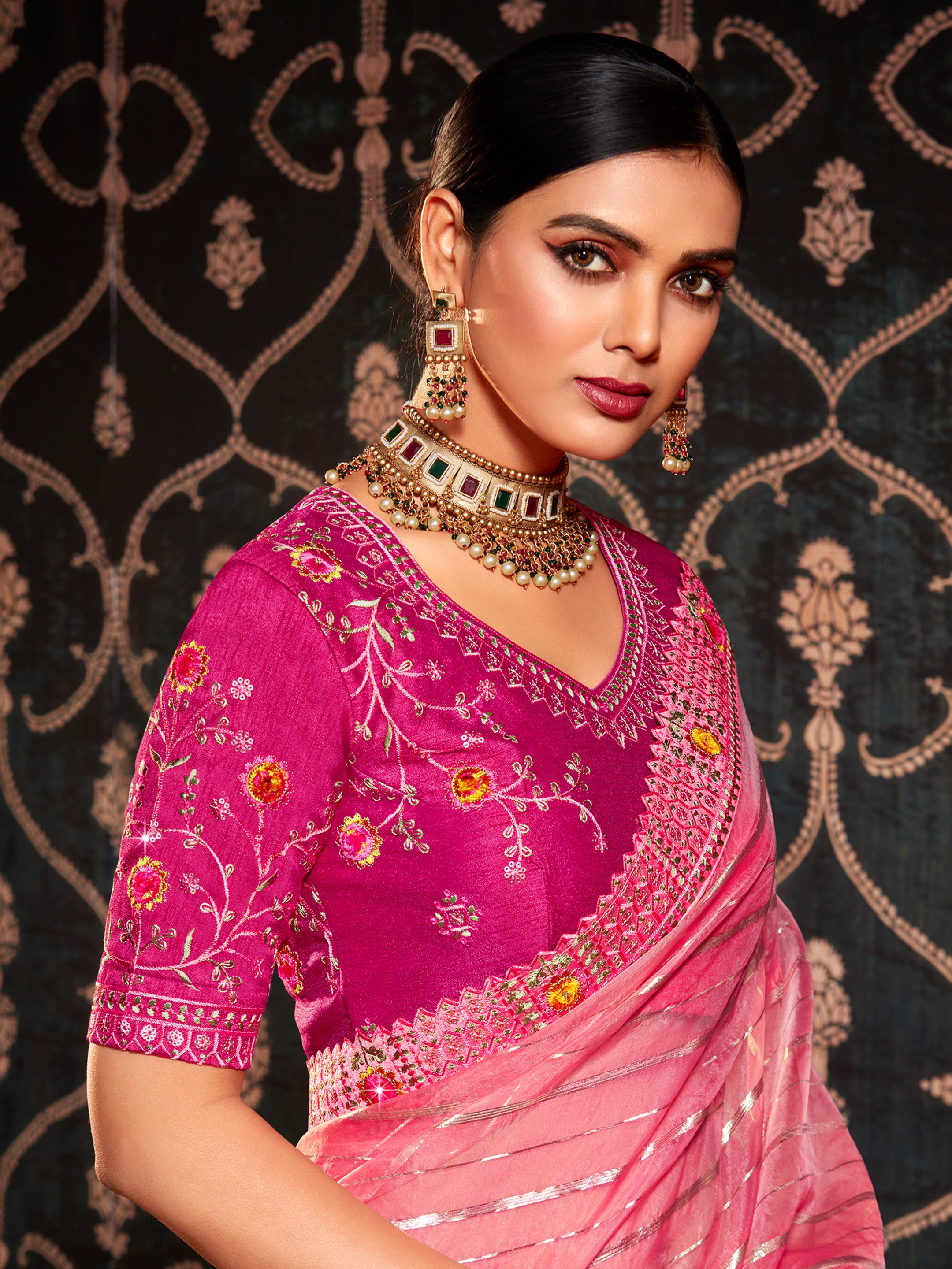 Coral Pink Organza Embroidery Saree