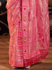 Coral Pink Organza Embroidery Saree