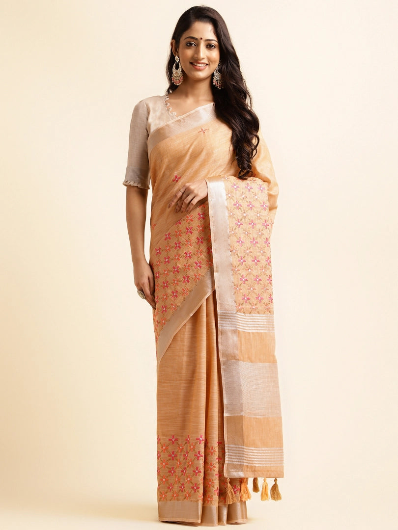 Orange Linen Floral Embroidery Saree