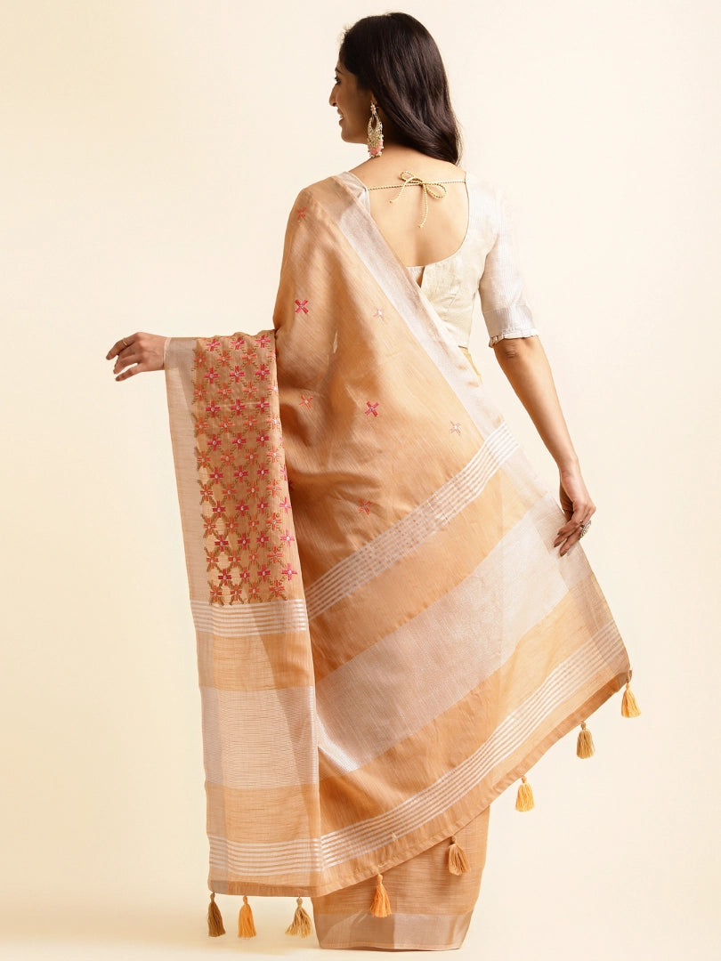 Orange Linen Floral Embroidery Saree