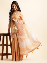 Orange Linen Floral Embroidery Saree