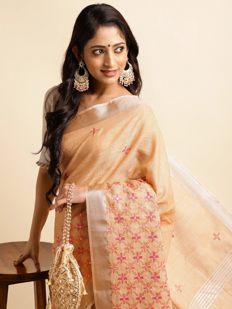Orange Linen Floral Embroidery Saree