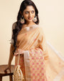 Orange Linen Floral Embroidery Saree