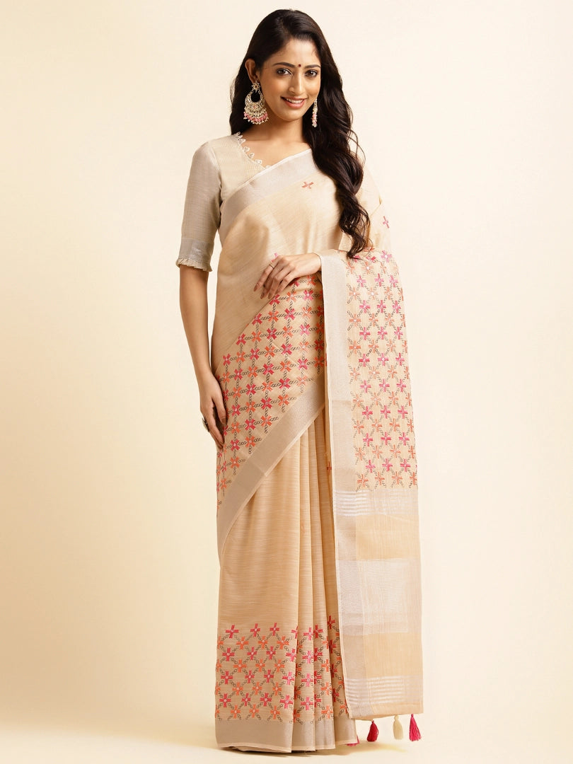 Off White Linen Embroidery Saree
