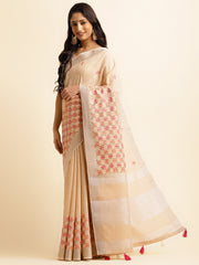 Off White Linen Embroidery Saree