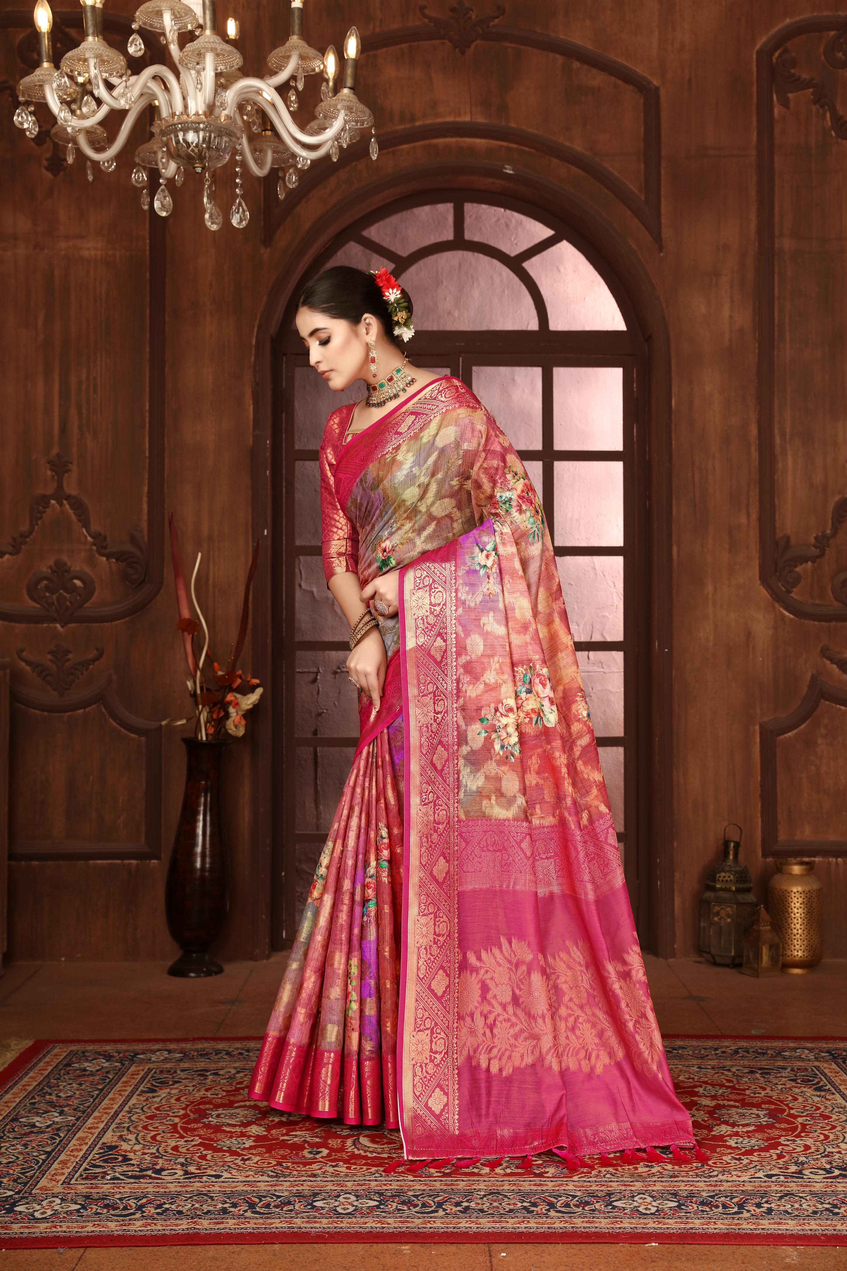 Pink Silk Blend Digital Print Woven Saree