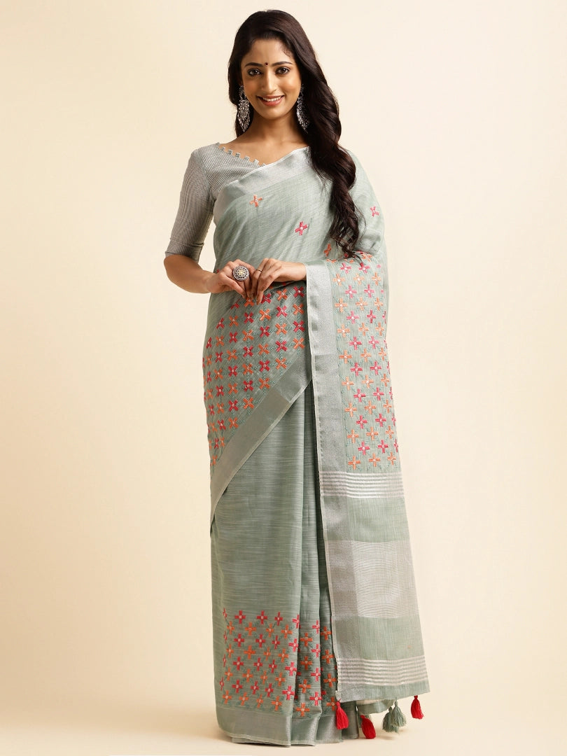 Teal Green Linen Embroidery Saree