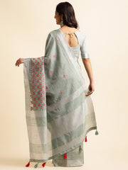 Teal Green Linen Embroidery Saree