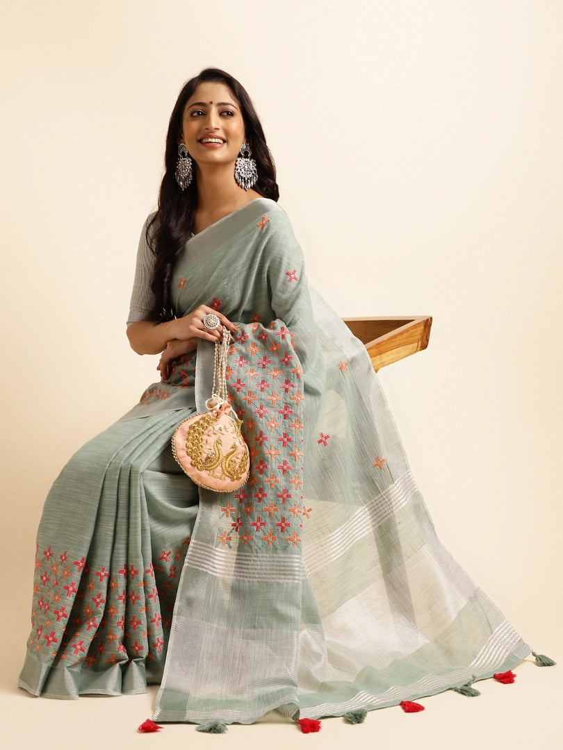 Teal Green Linen Embroidery Saree