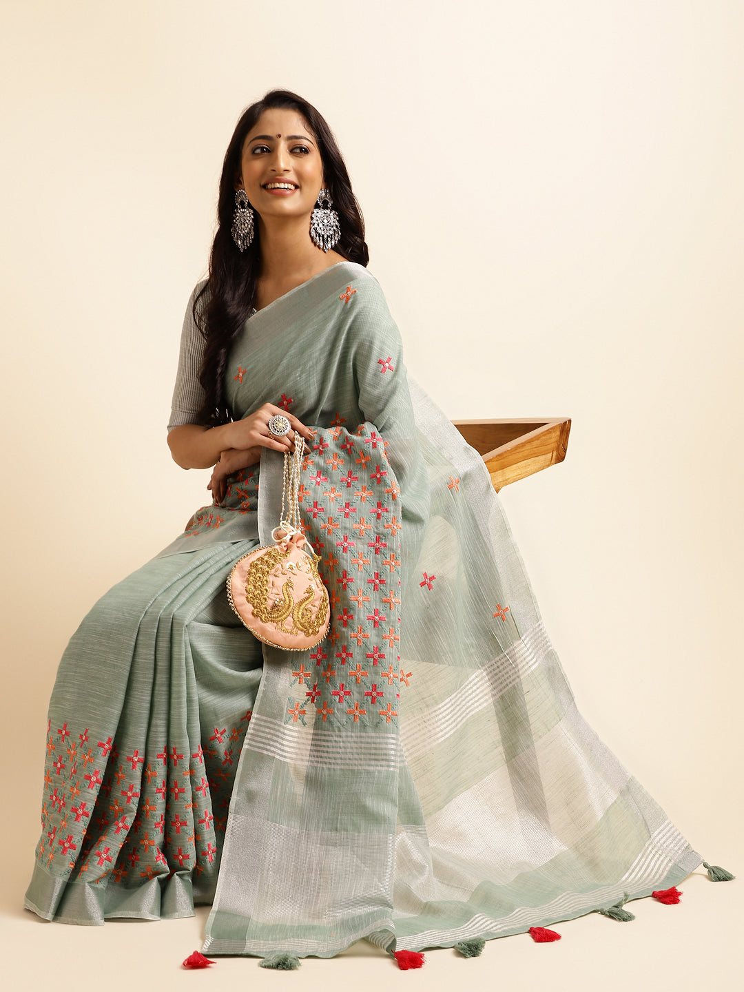 Sea Green Linen Embroidery Saree