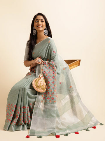 Teal Green Linen Embroidery Saree