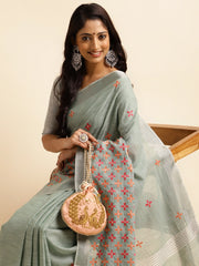 Teal Green Linen Embroidery Saree