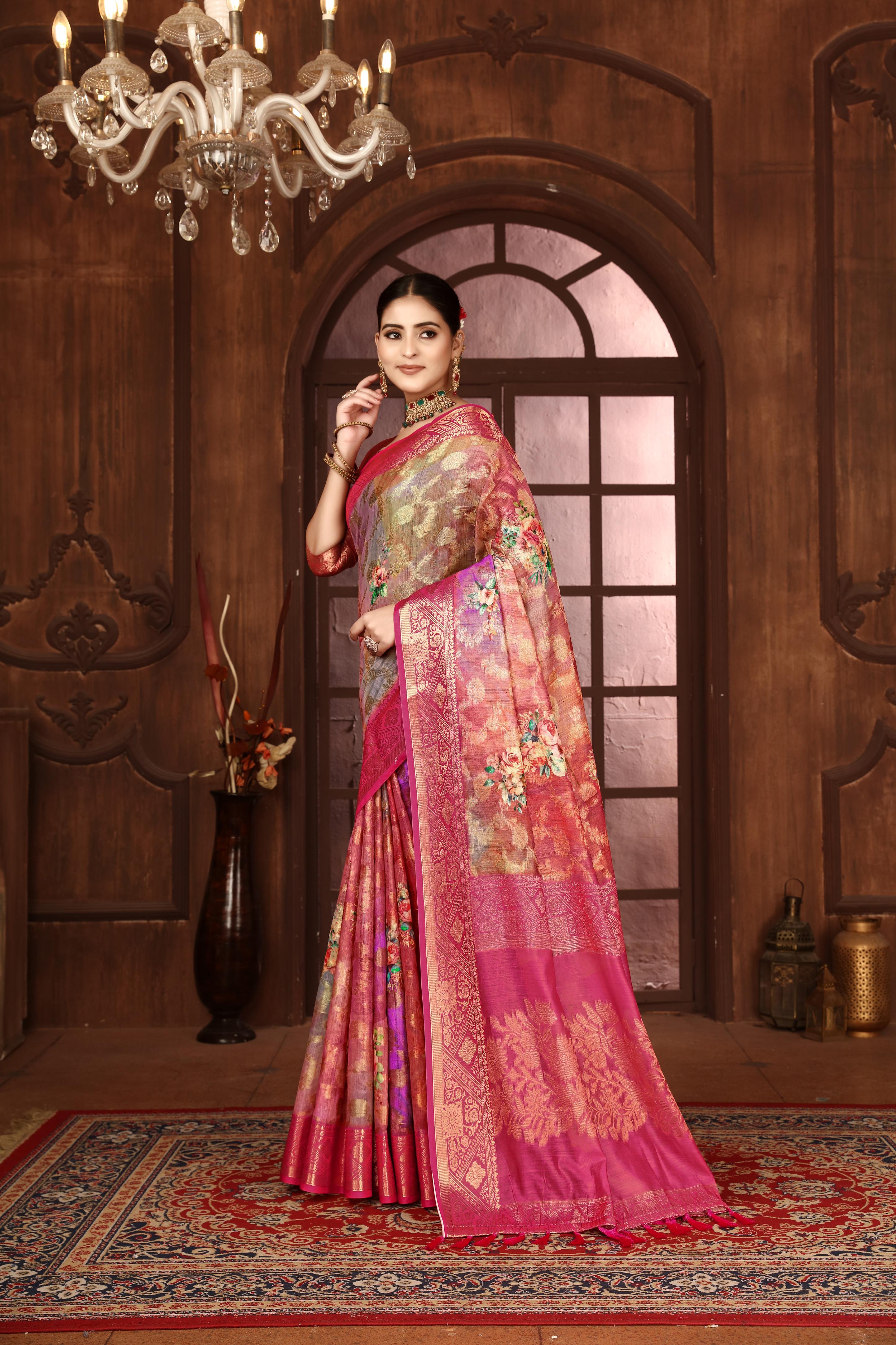 Pink Silk Blend Digital Print Woven Saree