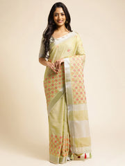 Pista Green Linen Embroidery Saree