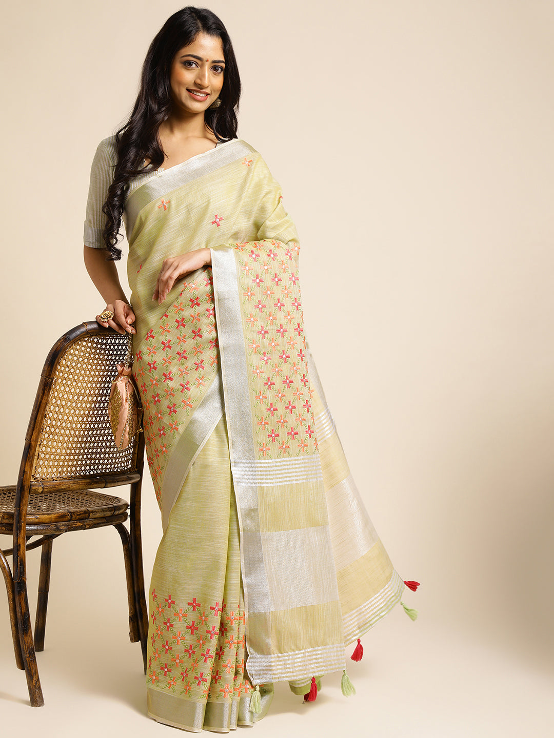 Pista Green Linen Embroidery Saree