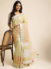 Pista Green Linen Embroidery Saree