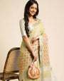 Pista Green Linen Embroidery Saree
