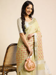 Pista Green Linen Embroidery Saree