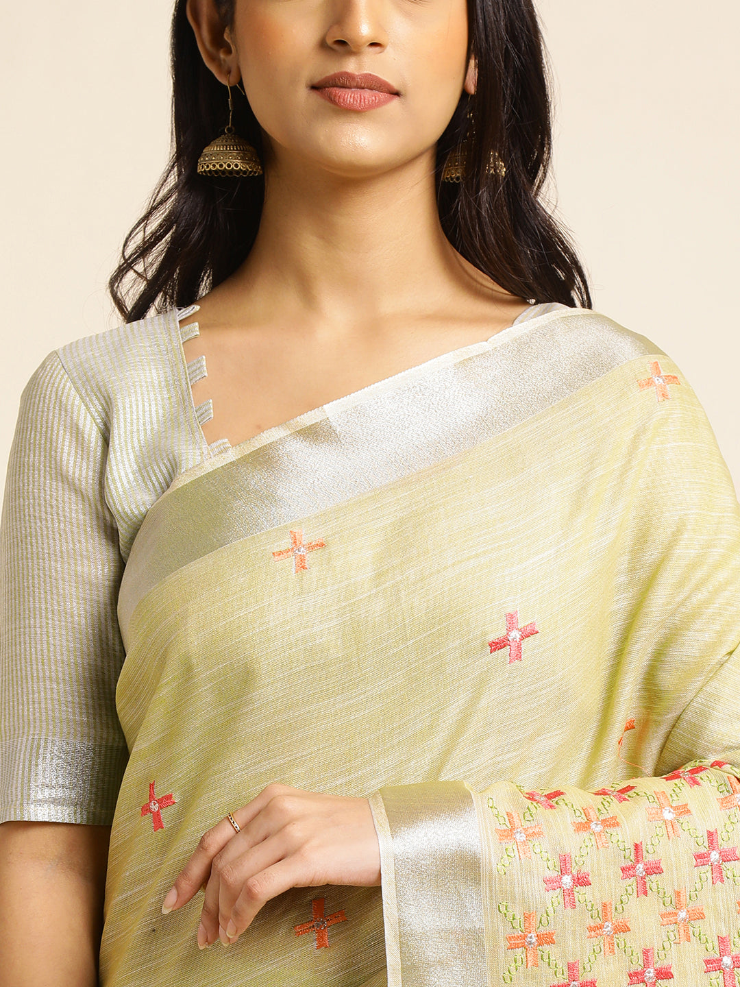 Pista Green Linen Embroidery Saree