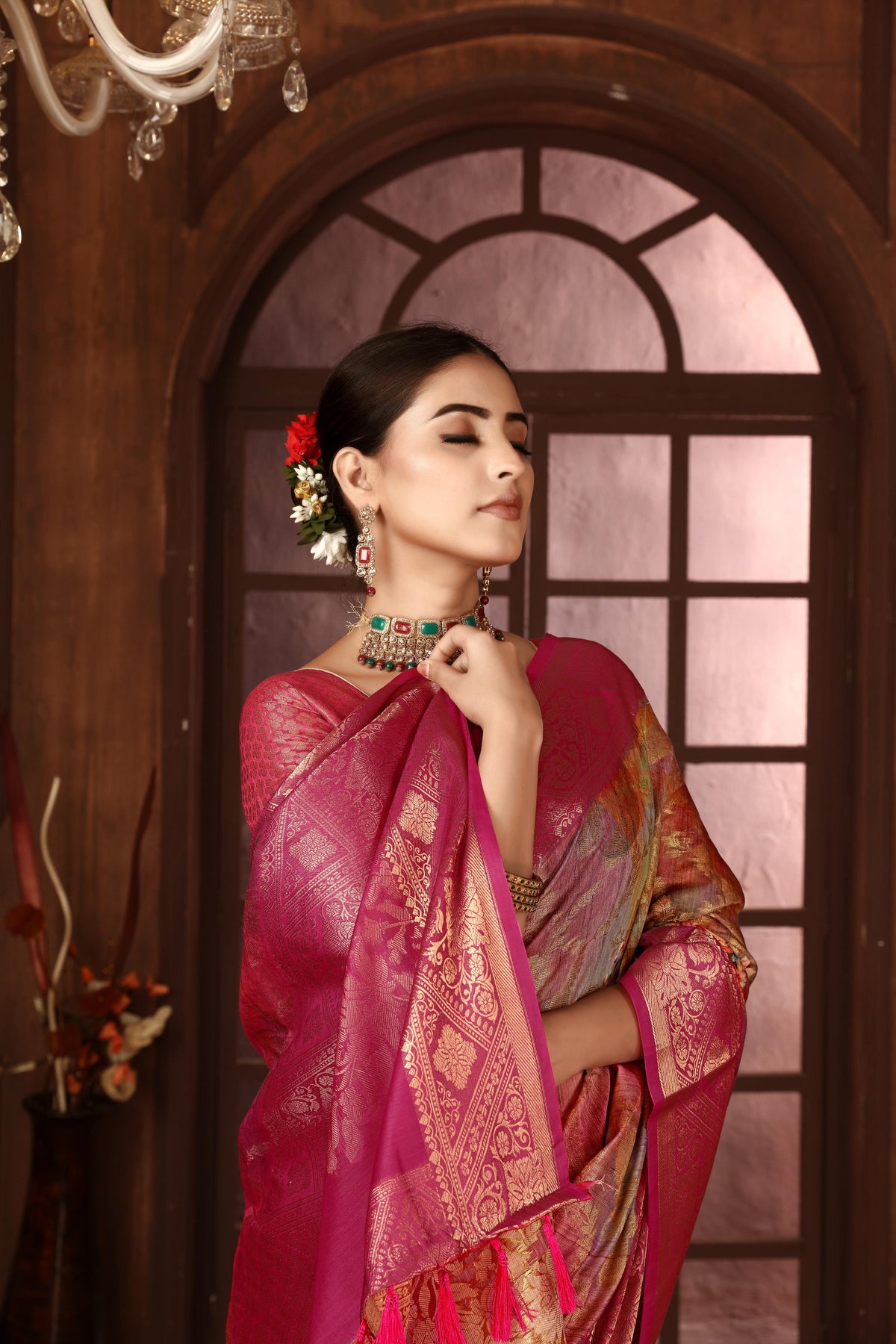 Pink Silk Blend Digital Print Woven Saree