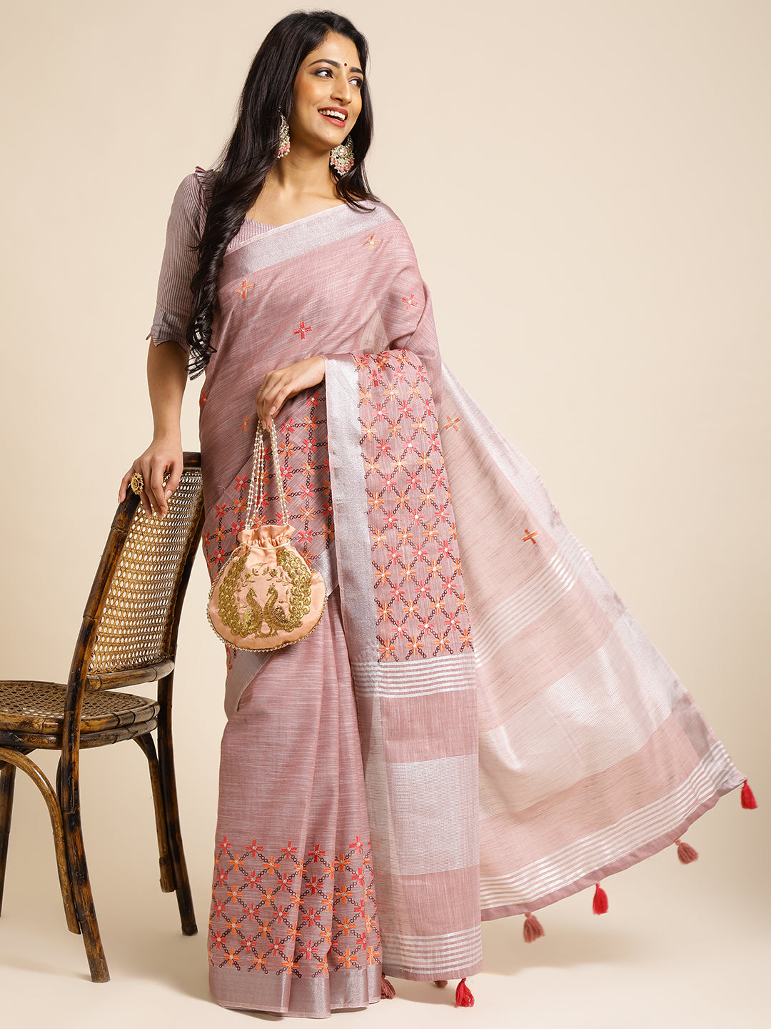 Dark Pink Linen Embroidery Saree