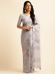 Grey Linen Cotton Embroidery Saree