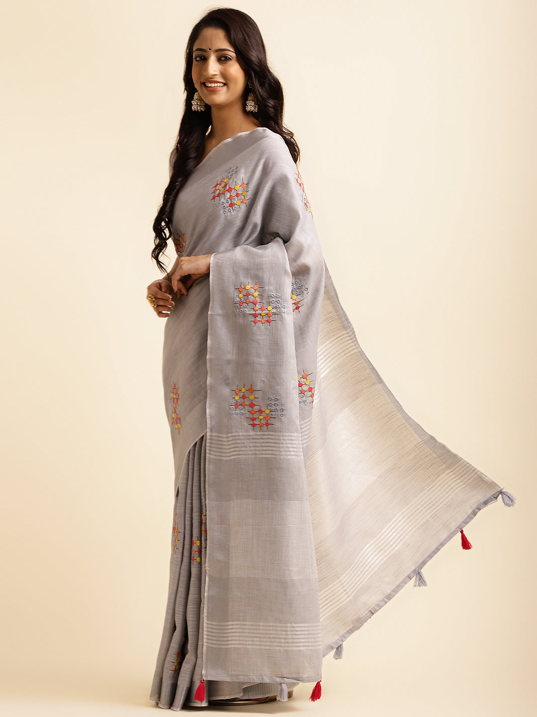 Grey Linen Cotton Embroidery Saree