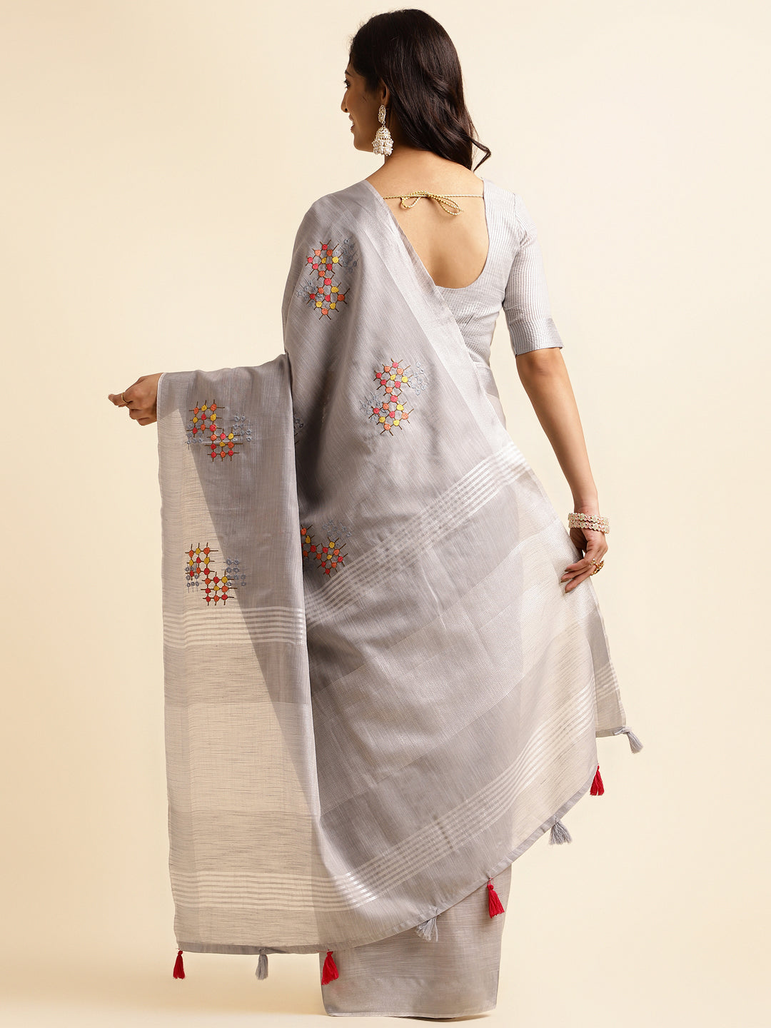 Grey Linen Cotton Embroidery Saree