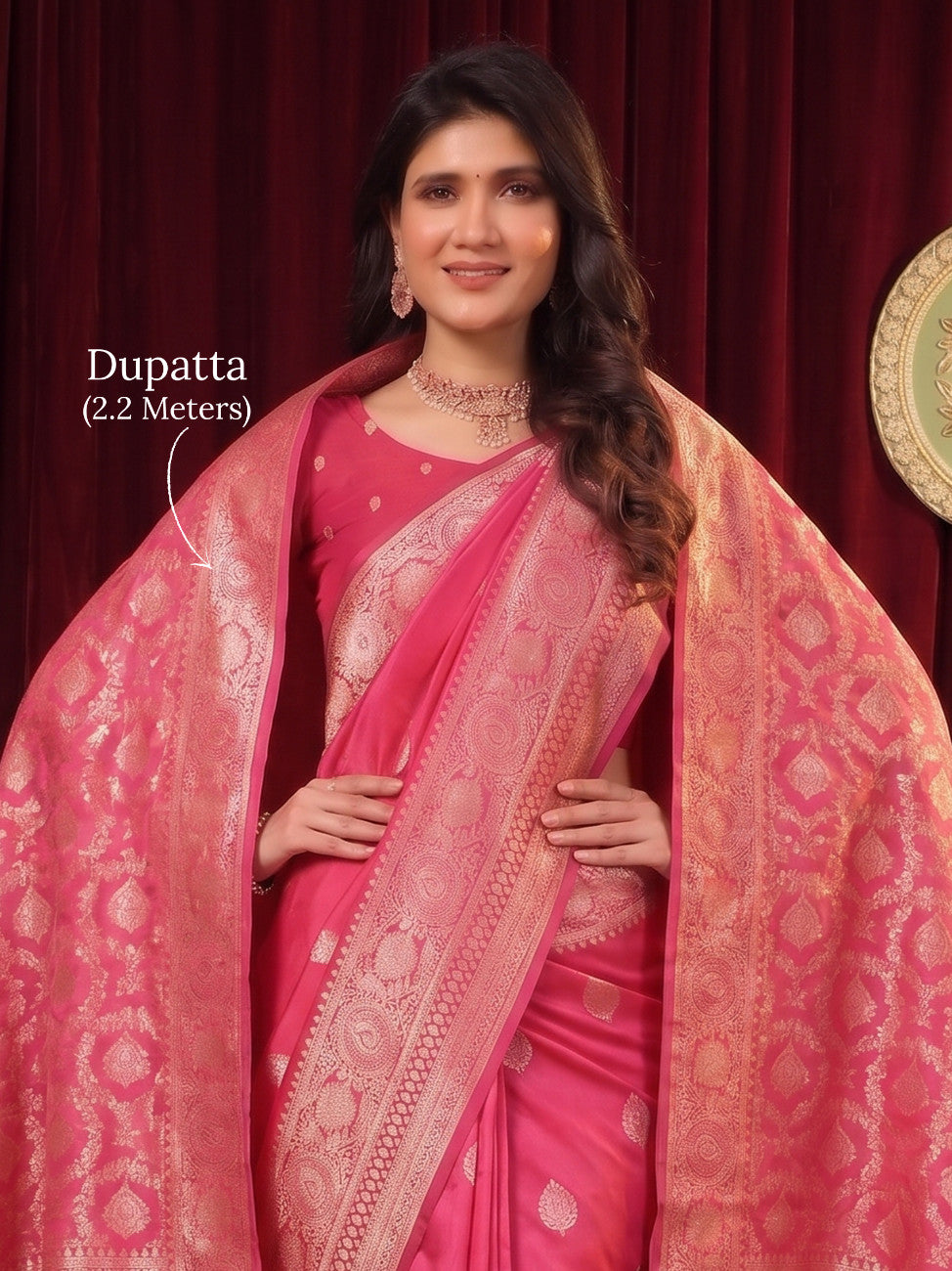 Rani Pink Banarasi Silk Saree With Dupatta