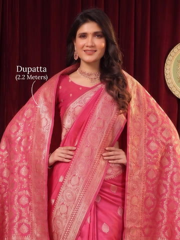 Rani Pink Banarasi Silk Saree With Dupatta