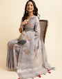 Grey Linen Cotton Embroidery Saree