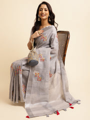 Grey Linen Cotton Embroidery Saree