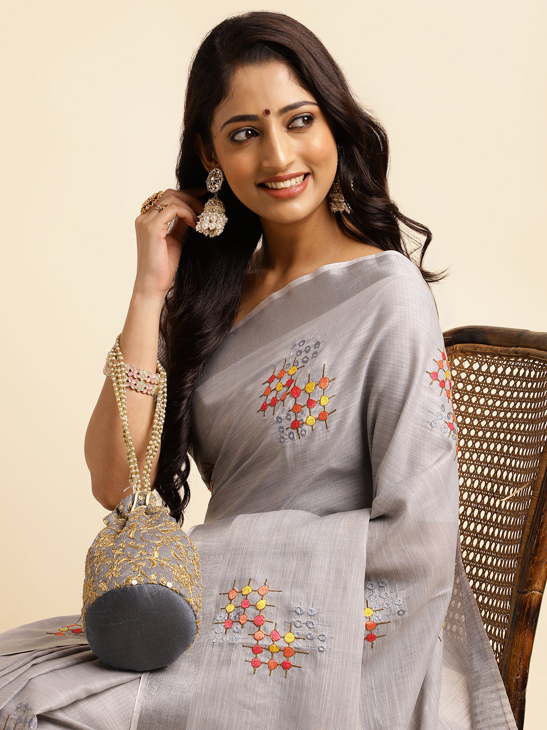 Grey Linen Cotton Embroidery Saree