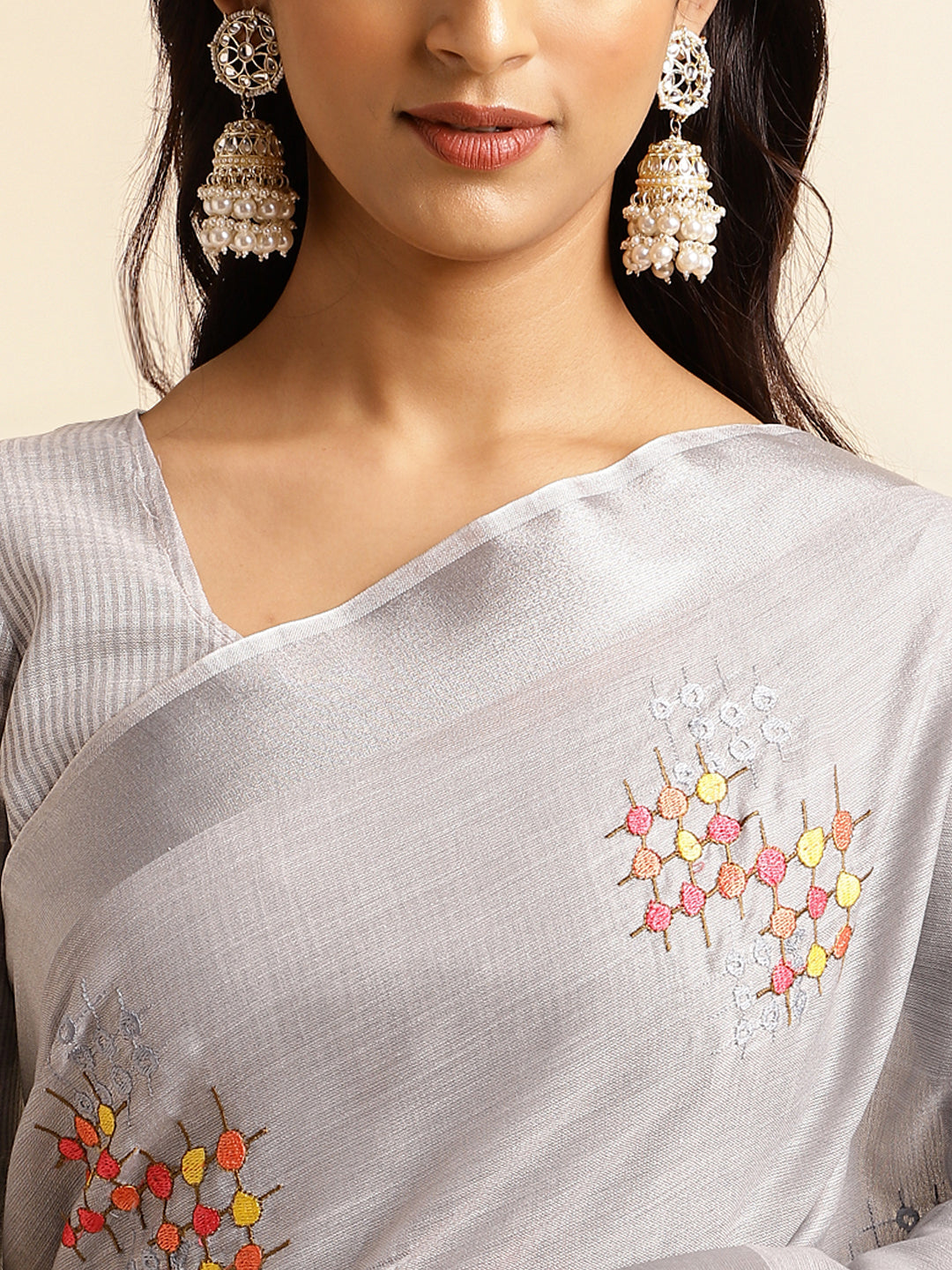 Grey Linen Cotton Embroidery Saree