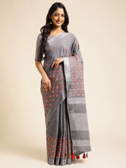 Grey Floral Embroidery Linen Saree