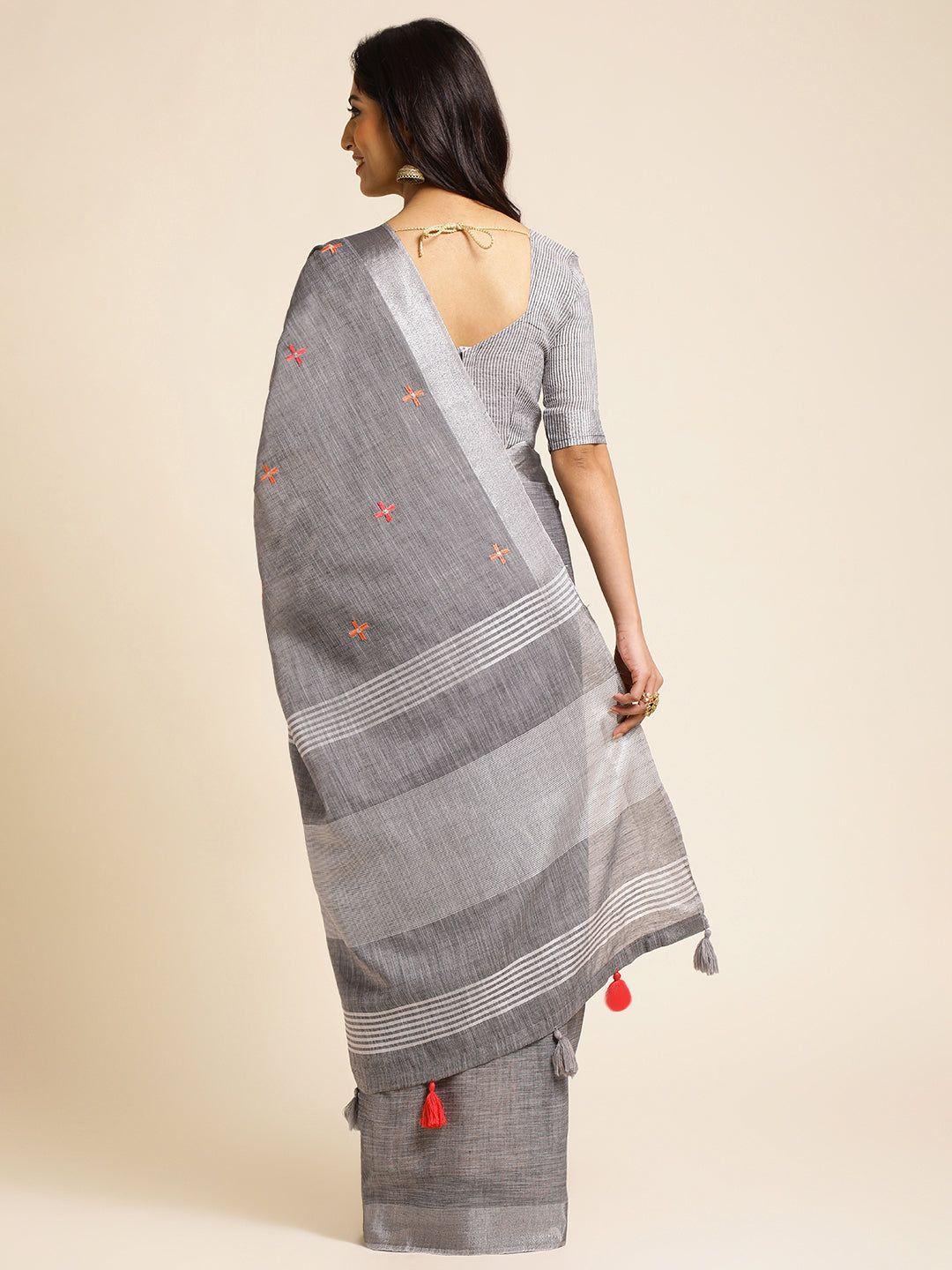 Grey Linen Embroidery Saree