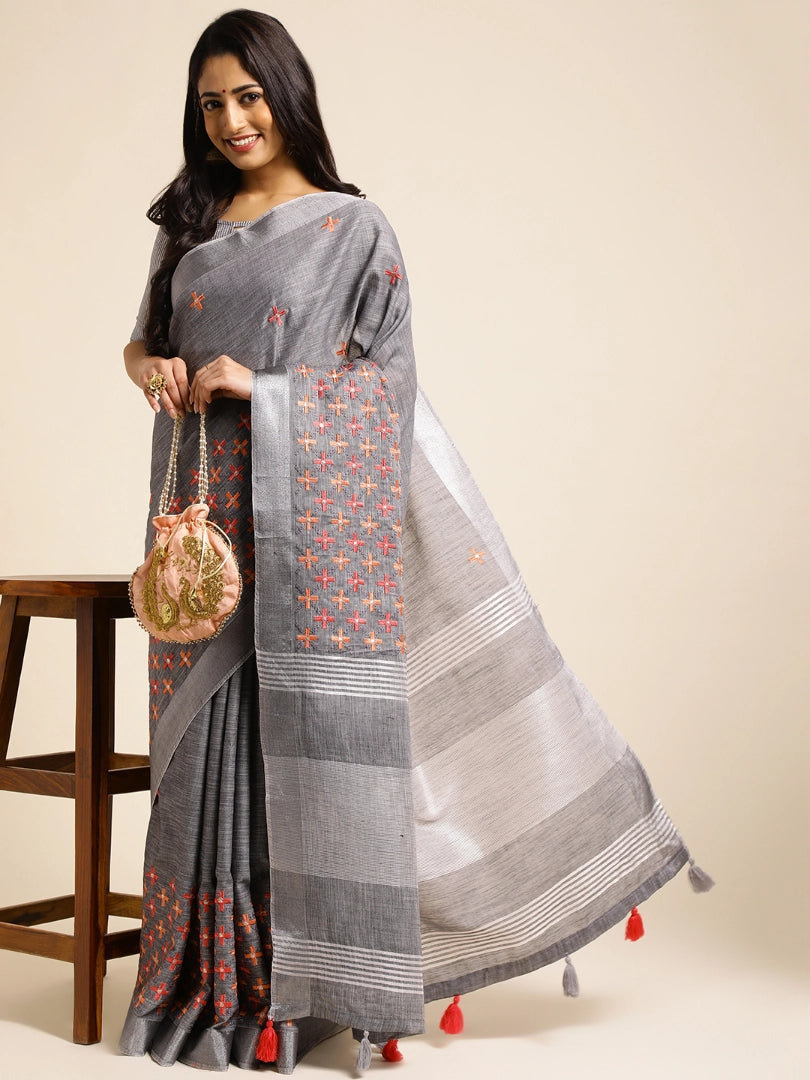Grey Floral Embroidery Linen Saree