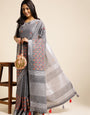 Grey Linen Embroidery Saree