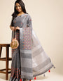 Grey Floral Embroidery Linen Saree