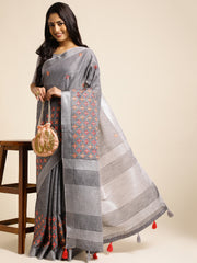 Grey Linen Embroidery Saree