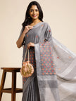 Grey Floral Embroidery Linen Saree