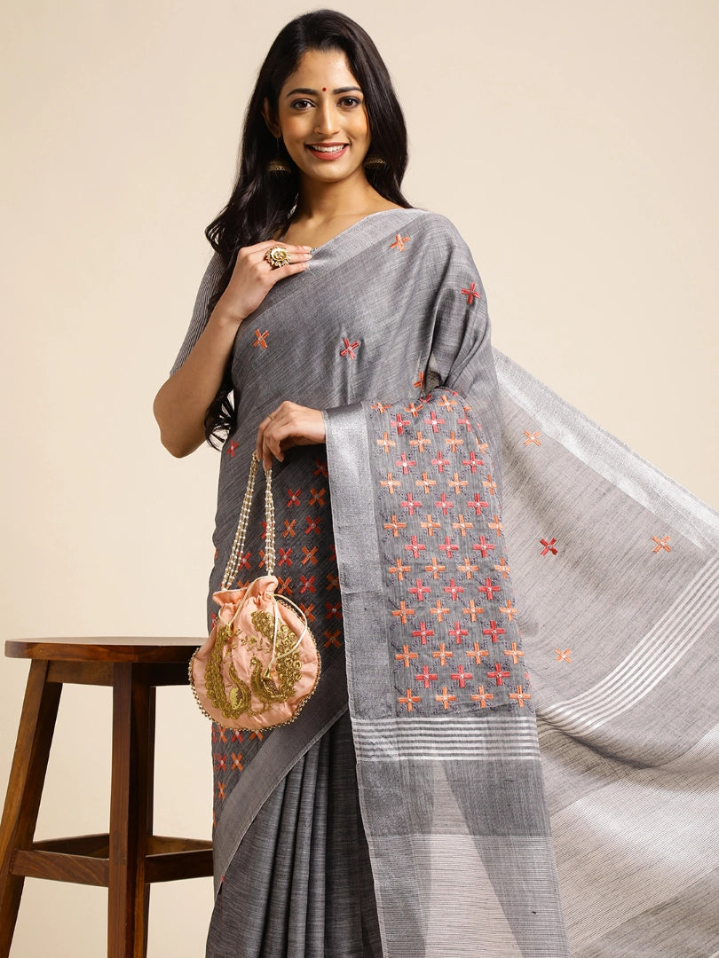 Grey Floral Embroidery Linen Saree