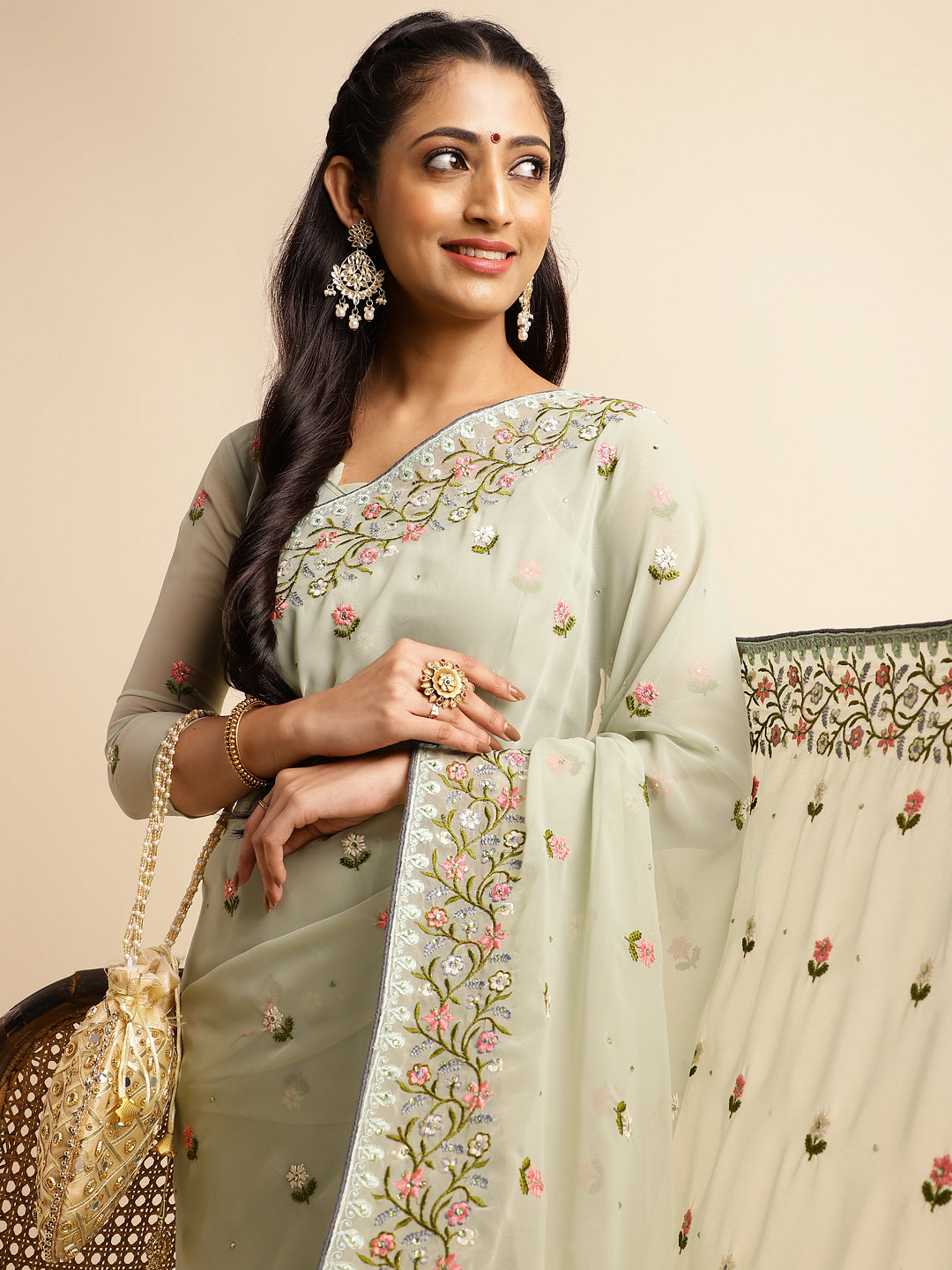 Light Green Georgette Embroidery Work Saree