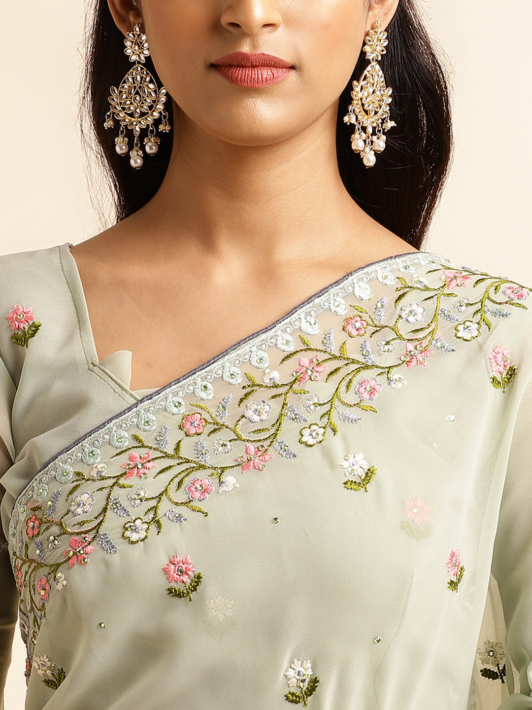 Light Green Georgette Embroidery Work Saree