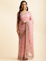 Light Pink Georgette Embroidery Work Saree